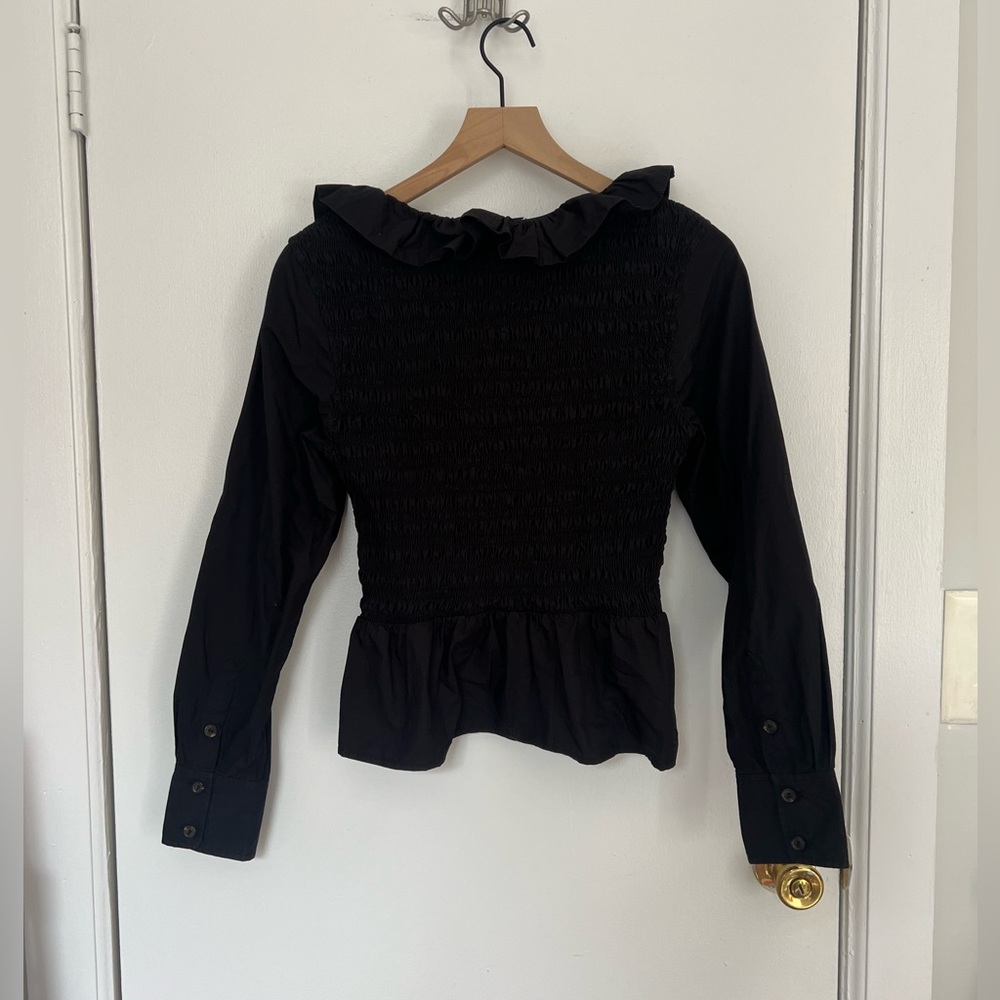 Ganni Black Smocked Peplum Blouse
